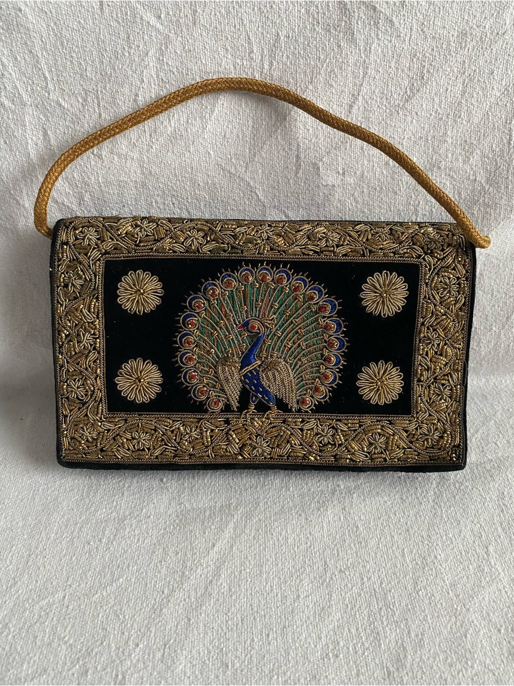Embroidered Peacock Black Evening Clutch with Gold Accents Clutch Flawless Rare